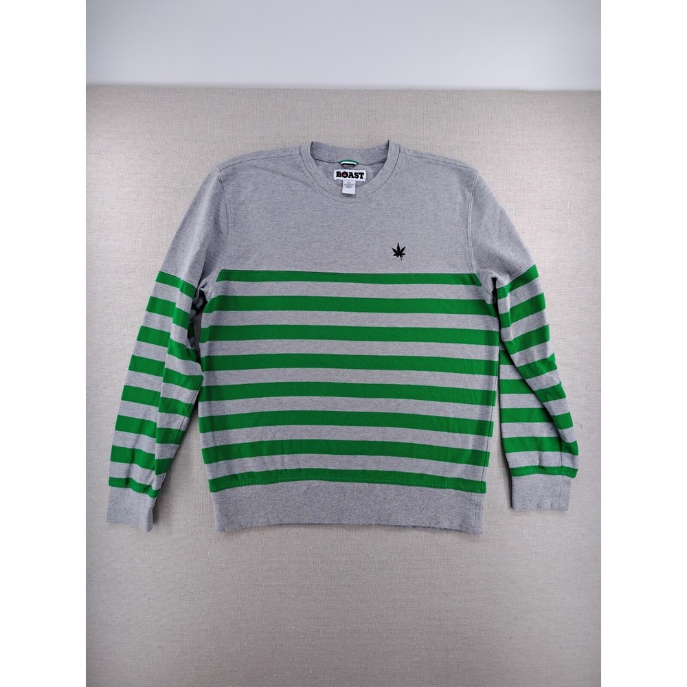 Boast Striped Shirt Mens Larg Embroidered Marijuana Weed Pot Leaf Gray Green